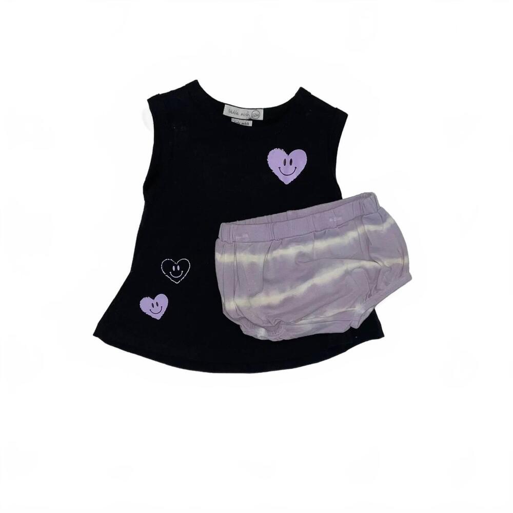NEW LITTLE MISH kids' smiley hearts tank & bloomers set in lilac/ black